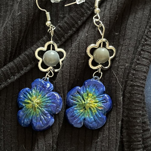 Handmade blue summer earrings with beige detail