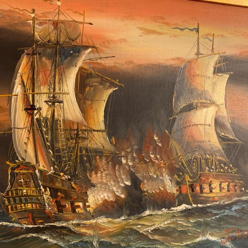 J.Harvey painting like new naval battle theme in wooden frame