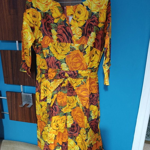 60s vintage floral A-line dress used, orange and red, size L