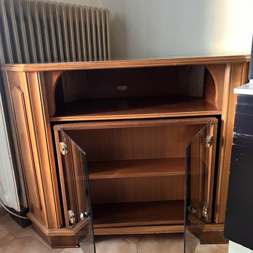 Vintage wooden corner TV cabinet used with hidden bar