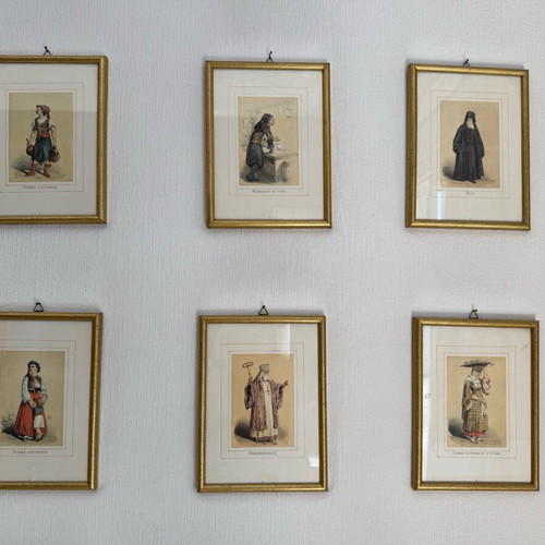Collection of 6 framed 19th century costume lithographs used