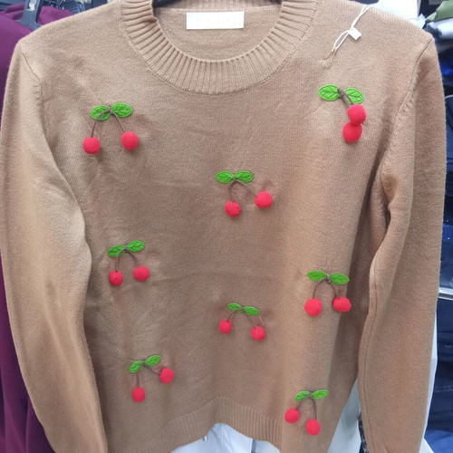 Woolen women's sweater with cherries new, beige brown