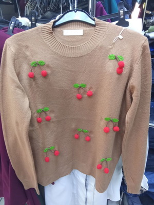 Woolen women's sweater with cherries new, beige brown