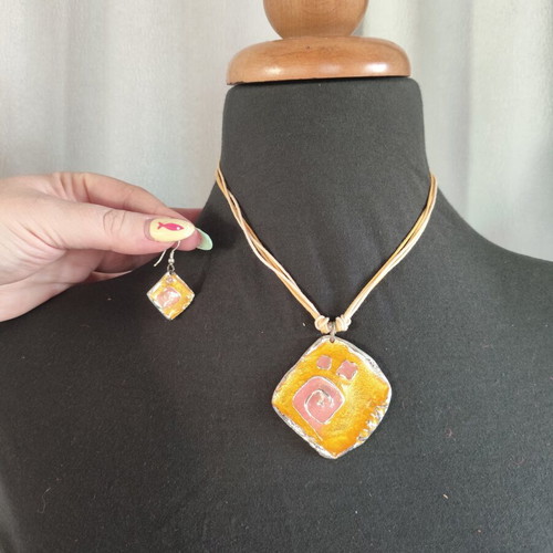 Handmade jewelry set with yellow and pink enamel pendant and earrings