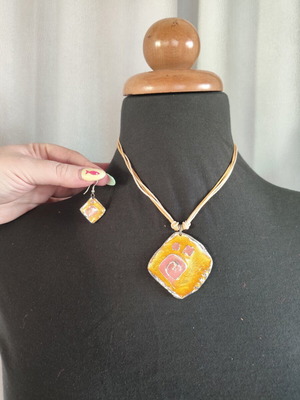 Handmade jewelry set with yellow and pink enamel pendant and earrings