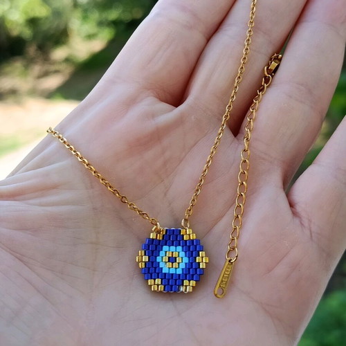 Handmade geometric evil eye necklace with Miyuki beads made to order