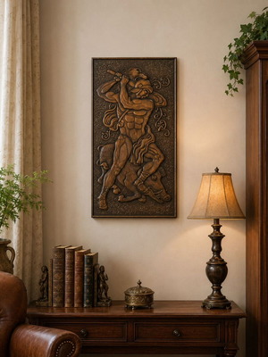 Copper relief panel Hercules and Erymanthian Boar like new, USSR 1970s