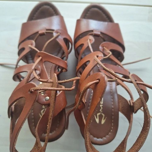 Mourtzi Tan Brown Genuine Leather Wedge Sandals Platform Size 37 Like New