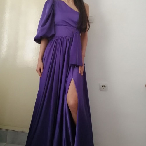 Actualee long purple evening dress XS with one shoulder and puff sleeve
