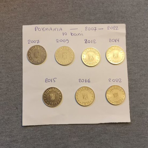 Romanian 10 Bani coins used, set of 7 from 2007 to 2022