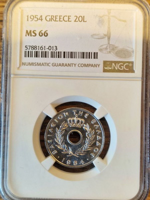 20 Lepta Coin 1954 used, certified NGC MS66