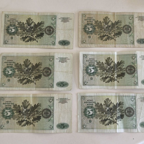 6 German 5 Mark banknotes, 5 from 1960 and 1 from 1970