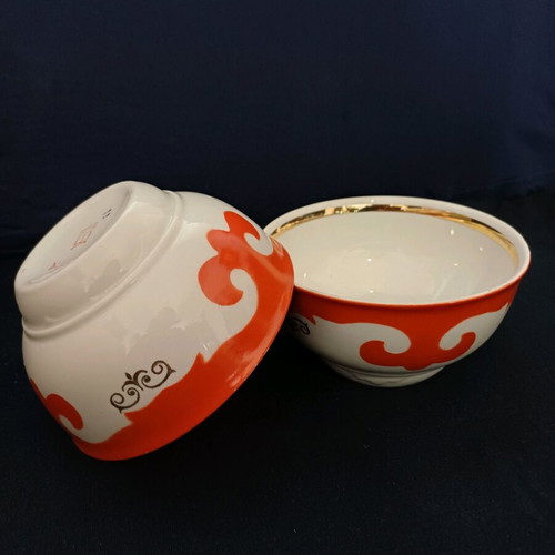 Porcelain bowls set new, vintage from USSR, red-white design