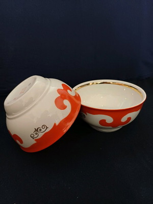 Porcelain bowls set new, vintage from USSR, red-white design