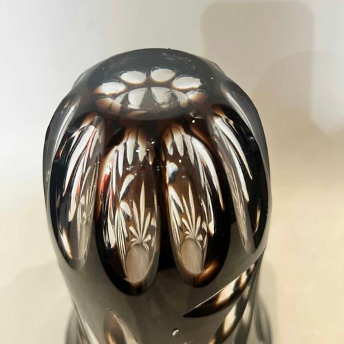 Vintage Bohemian Crystal Vase used, carved brown design 20x14