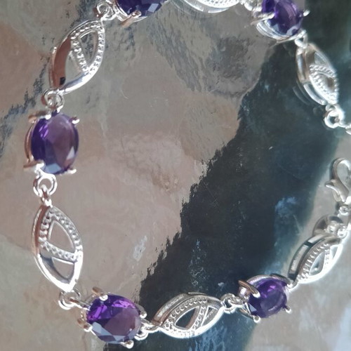 Silver bracelet 925 with purple crystal stones, extension chain