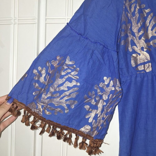Blue dress with brown tassels like new, cotton, bronze prints