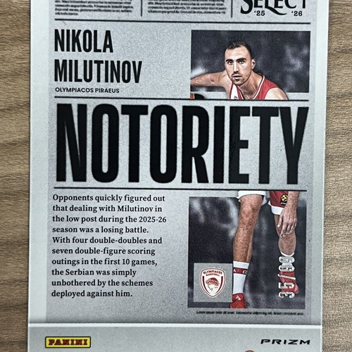 2025-26 Panini Select Euroleague Basketball Nikola Milutinov card like new