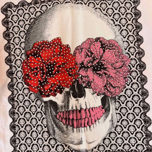 A-Style white cotton women's t-shirt with skull print and rhinestones, new, size S/M
