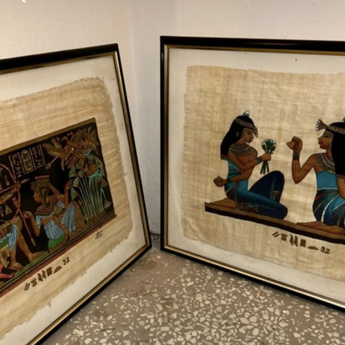 Ancient Egyptian papyri in frame like new, set of 2 pieces