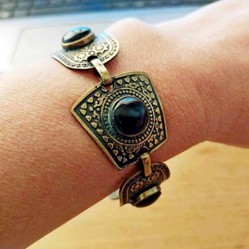 Brass bracelet with black stones used, very old, 19 cm