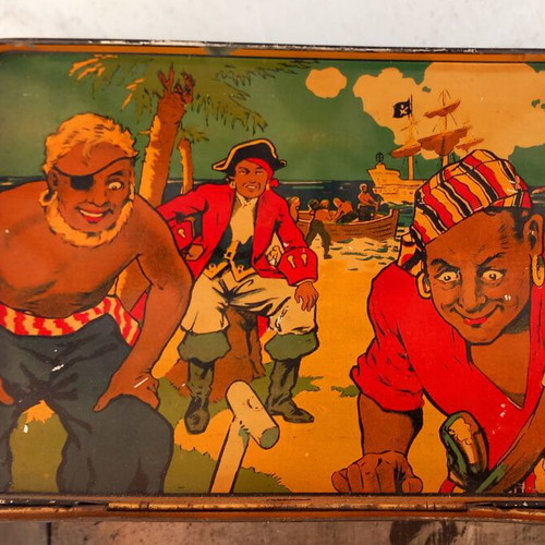 French metal candy tin box with lithograph image, circa 1920