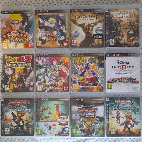 PS3 game collection including Naruto, God of War, Dragonball, Ratchet and Clank