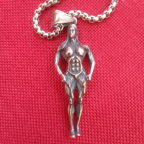 Necklace with female bodybuilder pendant new, stainless steel, silver