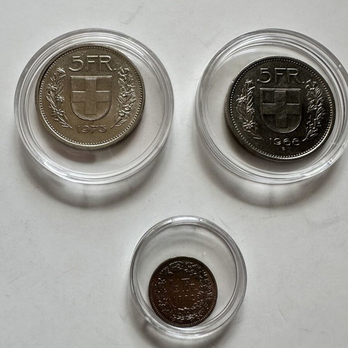 Swiss coins used, set of 3 with 5 Francs and 1/2 Franc