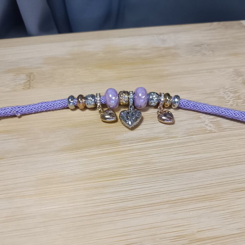 Purple women's bracelet with rhinestones, heart clasp