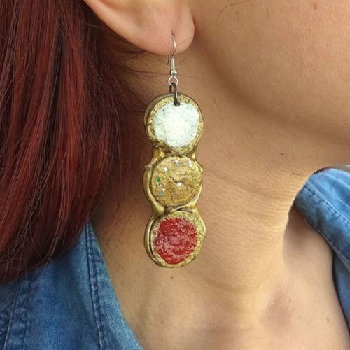 Cork earrings handmade from scratch in gold, red, and white