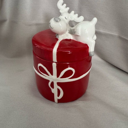 Marva ceramic cookie jar used, red with reindeer design
