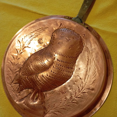 Vintage copper decorative frying pan with embossed owl used