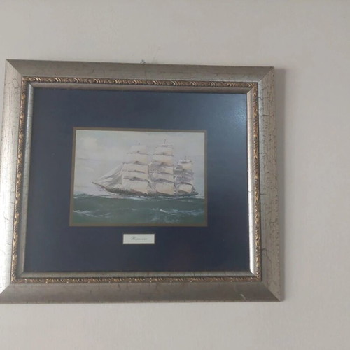 Vintage painting with seascape used, classic nautical depiction