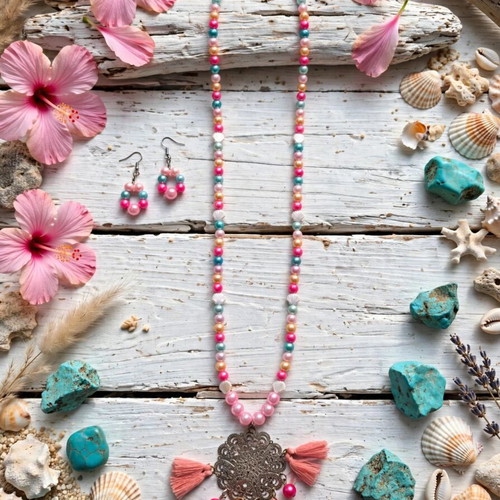 Bohemian tassel long necklace and earrings set colorful, handmade