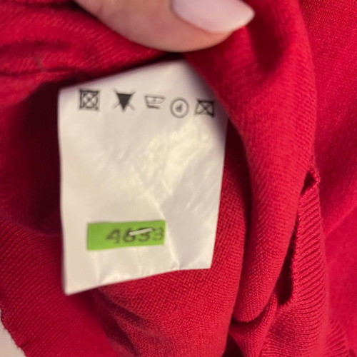 Red pullover with silver cuff buttons, wool and cotton, size M