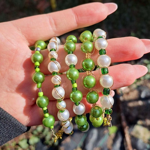 Fairycore bracelet set with green beads and pearls new