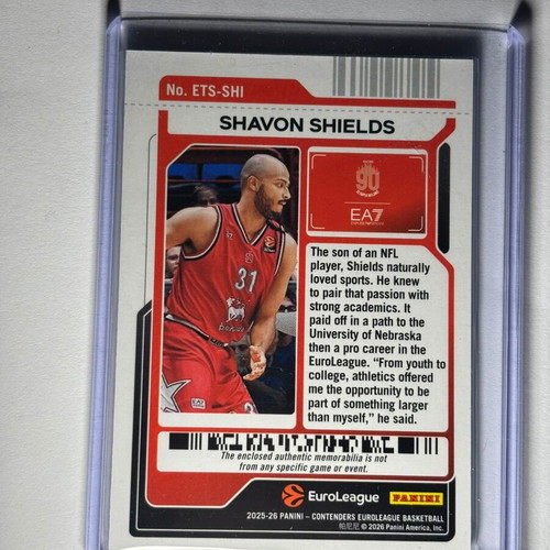 2025-26 Panini Contenders EuroLeague Red Shavon Shields Patch card like new