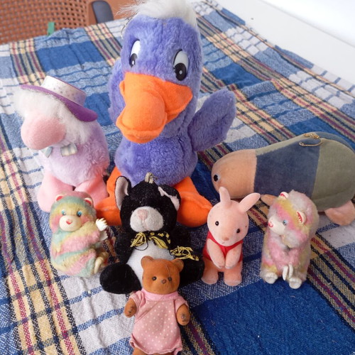 Set of eight retro plush toys, classic fuzzy figures from the 80s