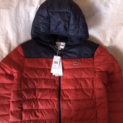 Lacoste Sport Hooded Water-Resistant Quilted Jacket new, men's M, blue and red
