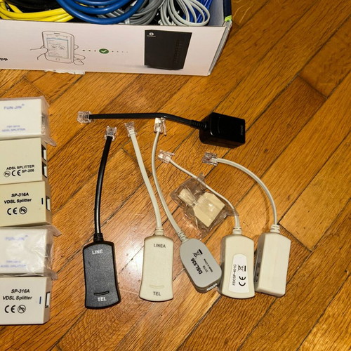 Mega lot of new Ethernet cables RJ45, telephone cables, VDSL/ADSL splitters and filters