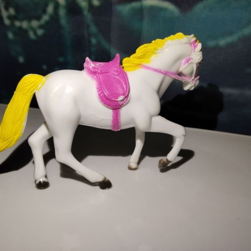 White Horse Figure with Yellow Mane and Pink Saddle used, 10cm