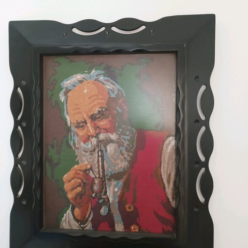 Vintage Handmade Gobelin Embroidery "Grandpa with Pipe" used