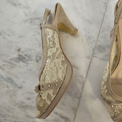 Tulipano women's peep-toe sandals used, size 38, beige with lace and sequins