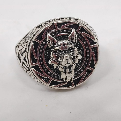 Men's Wolf Head Ring with Viking Symbols like new