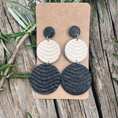 Statement earrings black beige round new polymer clay
