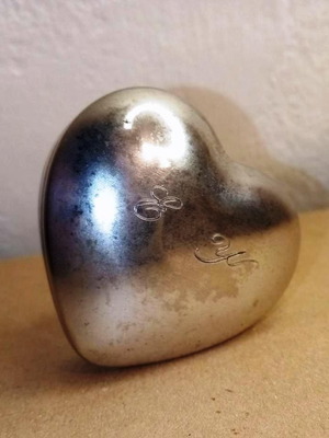 Vintage silver plated baptism box used, heart shape 6x6 cm