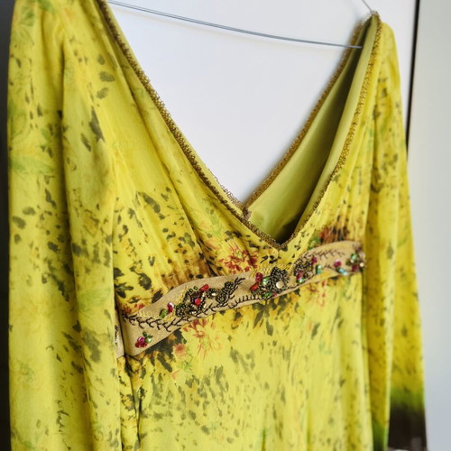 Silk Midi Dress Cinema by Panos Zinas like new, green and yellow