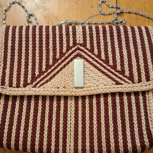 Handmade knitted bag used beige and burgundy with chain