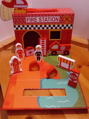 Small Foot fire station suitcase used with 11 wooden toys
